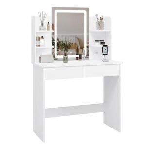 WOLTU Schminktisch mit Spiegel und LED-Beleuchtung, Einstellbarer Helligkeit, Frisiertisch Kosmetiktisch mit licht und 2 Schubladen, 4 offene Ablagen, 2 USB-Ports, Make-up Tisch für Schlafzimmer, Moderner Schminktisch, Weiß MB6112ws
