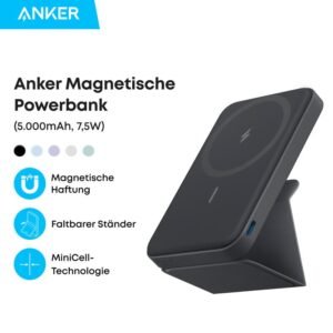 Anker Magnetische Powerbank, 5.000mAh Klappbare Magnetische Powerbank mit USB-C für iPhone 16/15/14/13/12, Interstellar