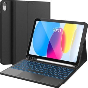 Funda para iPad de 10.ª generación con teclado (10,9 pulgadas, 2022), retroiluminación de 7 colores, trackpad multitáctil, funda de soporte con soporte de pluma, 2 canales Bluetooth para iPad de 10.ª generación de 10,9 pulgadas, 2022, negro (tableta no incluida)