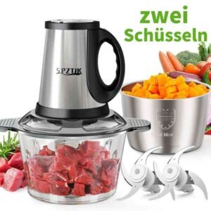 SPZTJK Multifunktionaler Elektrischer Schneidroboter aus， Elektrischer Multifunktions-Fleischwolf, Zerkleinerer, zwei Schüsseln（Edelstahls & Glass）und klingen，zum Zerkleinern und Hacken geeignet, Ideal für Gemüse, Knoblauch, Salat, Babynahrung