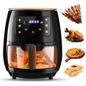 Oyajia Heißluftfritteuse Backofen 5L mit Sichtfenster, 6-in-1 Voreinstellungen, Smart Touchscreen, Timer, Glasbehälter, spülmaschinenfest & ölfreies Kochen