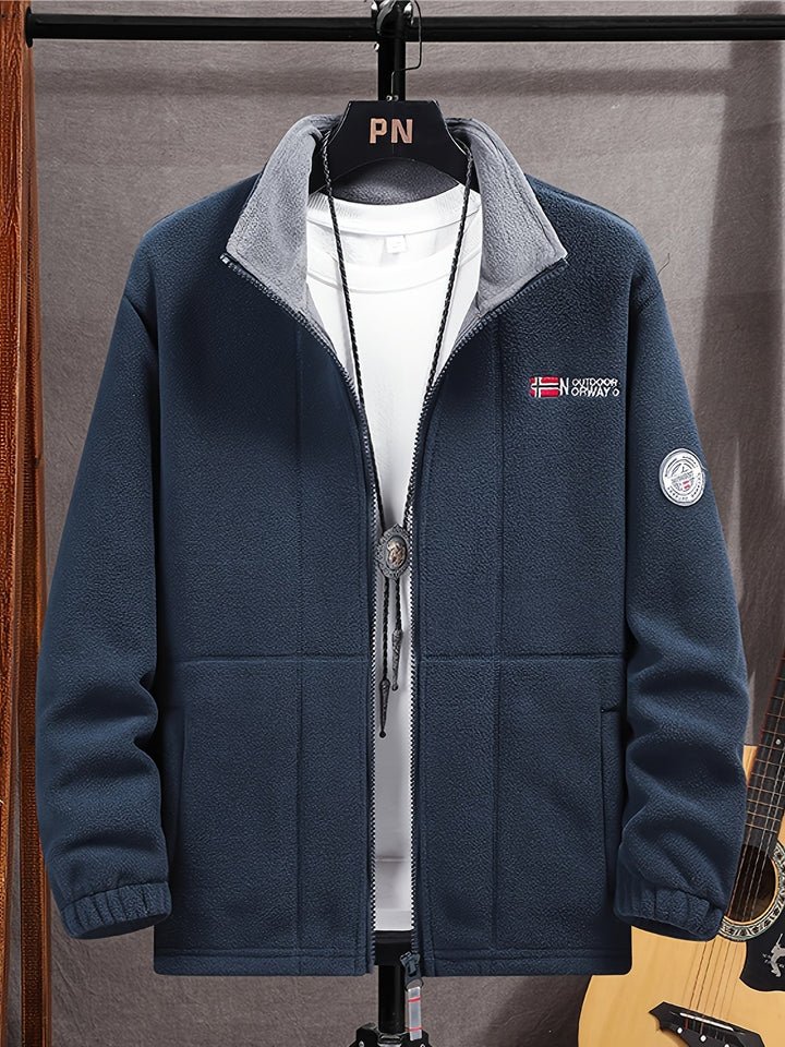 Men's Letter Embroidery Fleece Jacket, Regular Fit Casual Long Sleeve Zip Up Jacket for Fall & Winter, Men's Outerwear for Outdoor Activities - Image 4