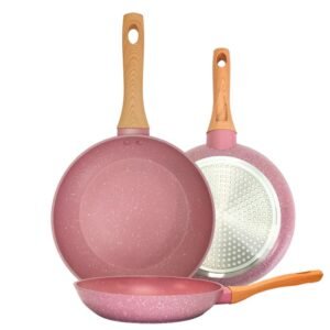 Juego de 3 Sartenes de Aluminio Forjado Color rosa 20/24/28 cm con Revestimiento Antiadherente de Mármol y Mango Ergonómico